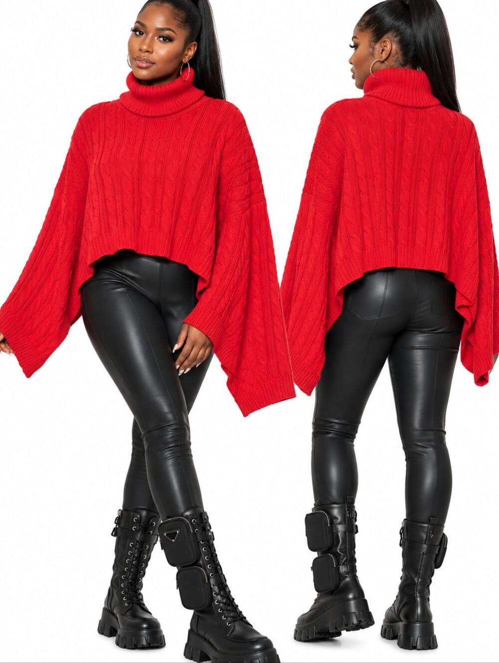 NWOT Red Cable Knit Chunky Turtleneck Batwing Poncho Sweater Open Shawl Crop Top